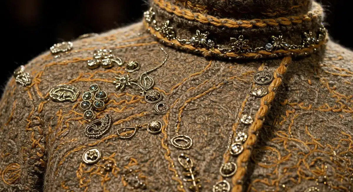 Detailed fabric texture and embellishments from Fall 2026 collection