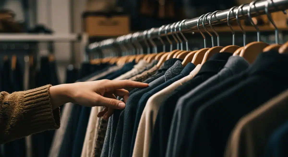 Hand browsing digital racks of vintage clothing on an online resale platform, showcasing the user experience.