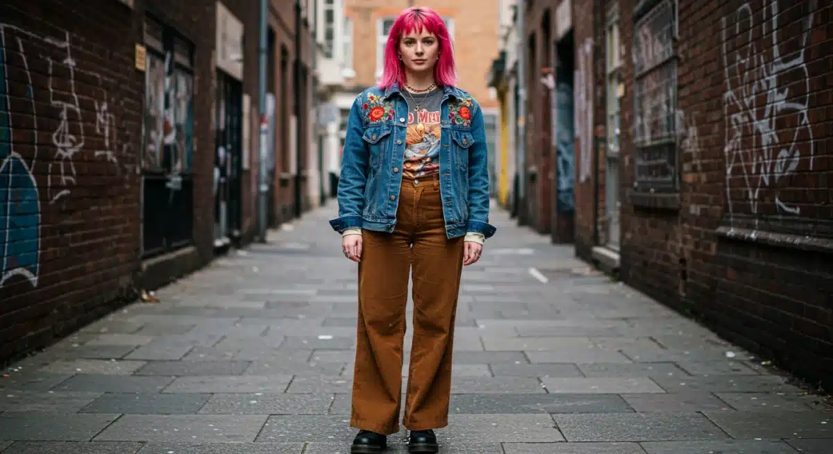 Fashionable person wearing a distinct vintage American outfit in an urban environment, highlighting sustainable style.