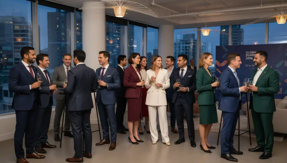 Professionals networking at a corporate event in business formal wear