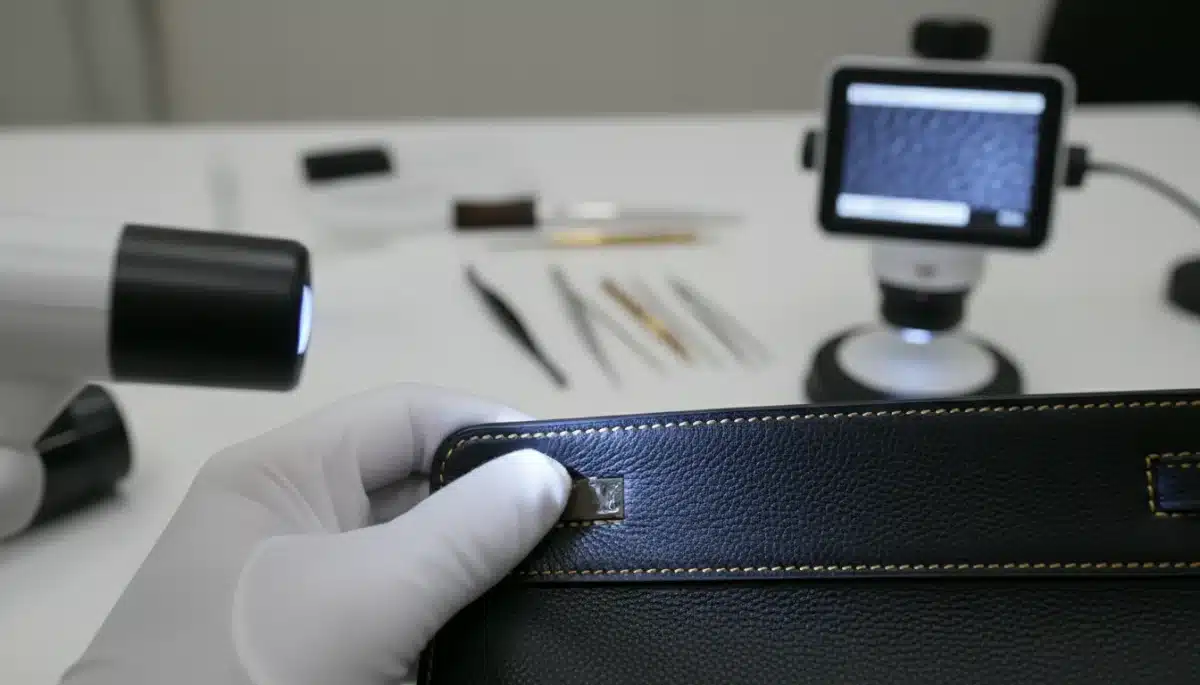 Expert authenticating a designer handbag with specialized tools