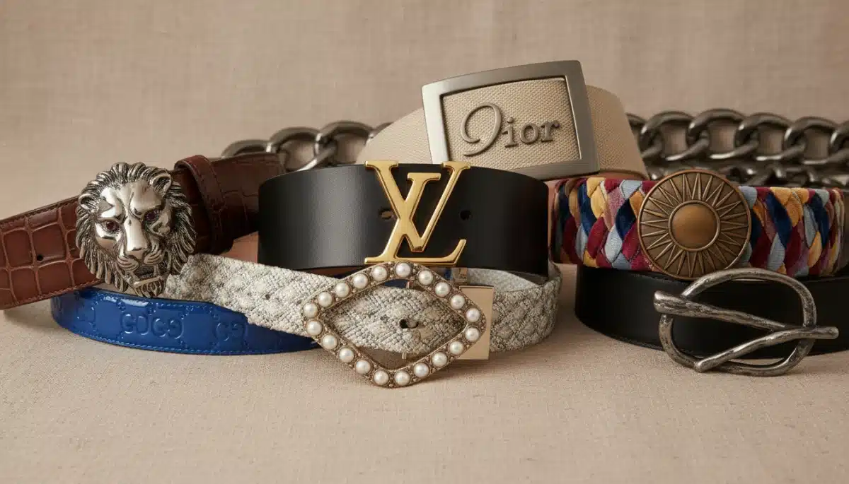 Collection of high-fashion designer belts with various buckles and textures