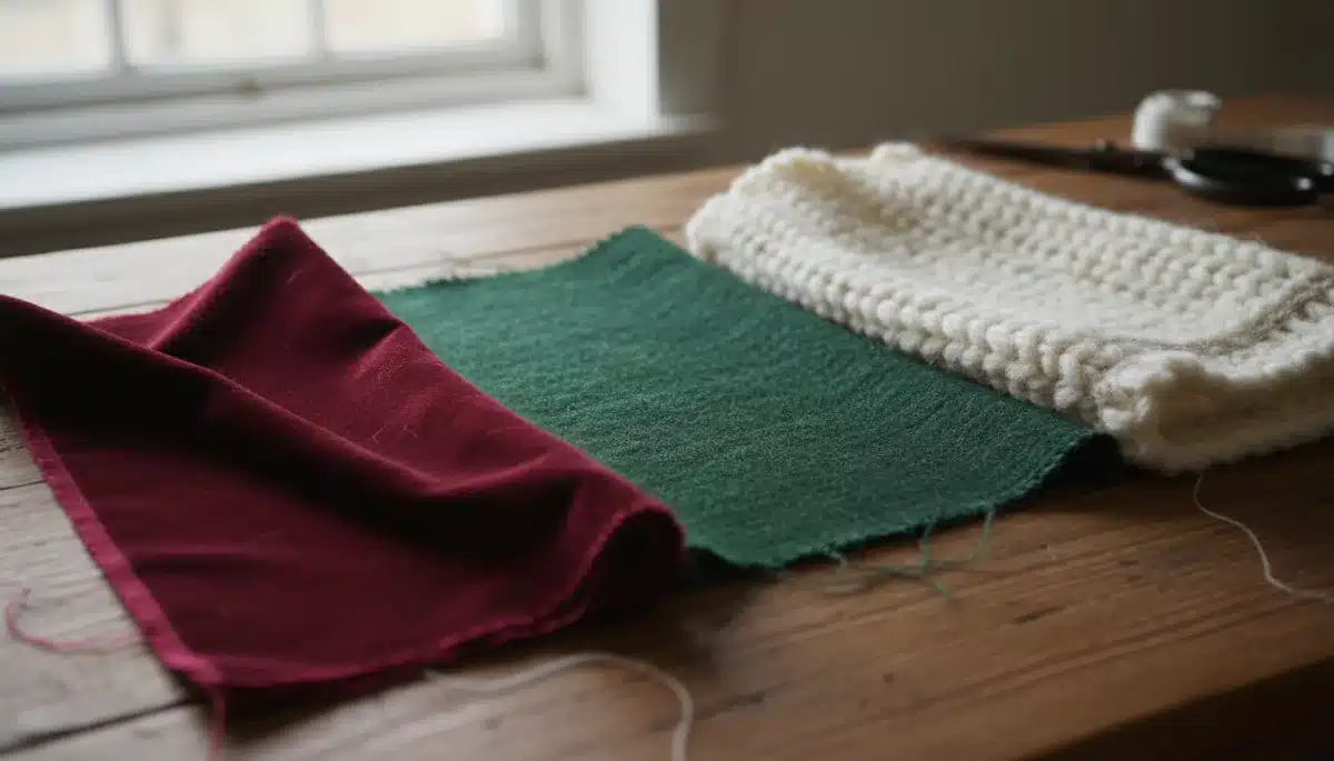 Close-up of fabric swatches in deep burgundy, forest green, and cream, showing texture and color.
