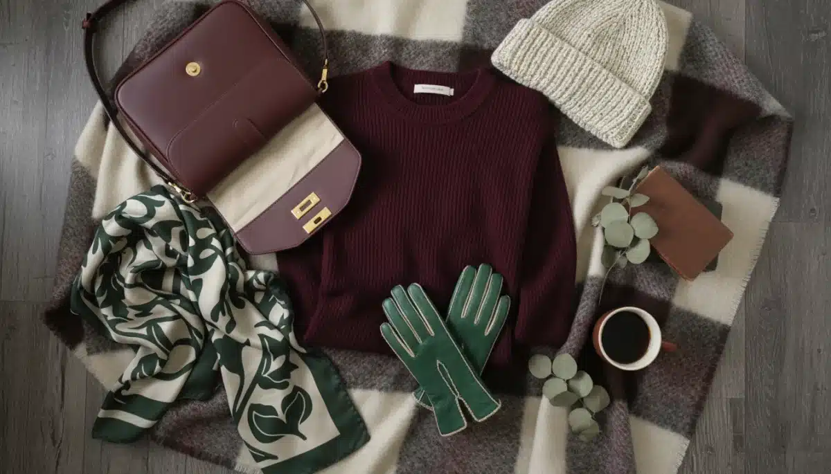 Flat lay of clothing and accessories in winter 2026 trending colors: burgundy, forest green, and cream.