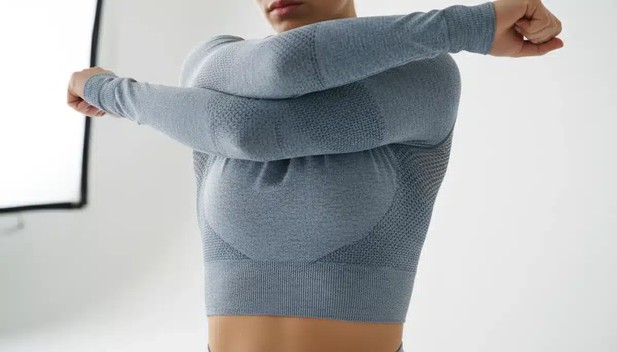 Seamless knit athleisure top showcasing flexibility and breathable fabric.
