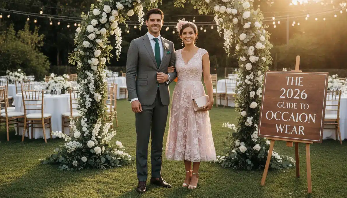 Stylish couple at an outdoor wedding, dressed appropriately
