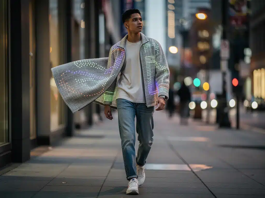 Person wearing digitally enhanced textile in everyday outfit.