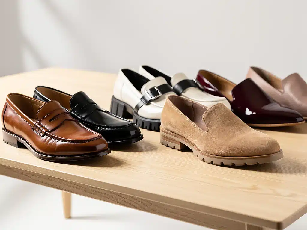 Collection of diverse loafer styles on light wooden table