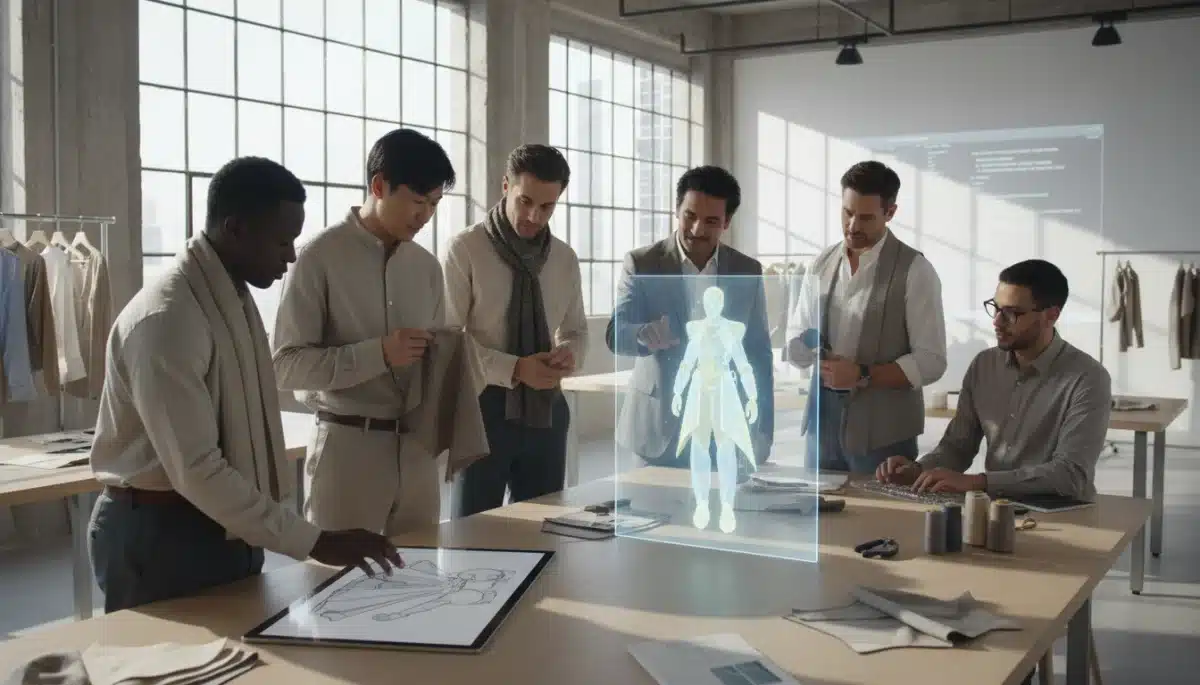 Designers collaborating on gender-neutral fashion in a modern studio