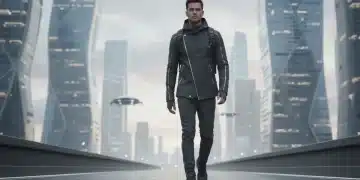 Futuristic male model in sustainable tech-wear, urban setting