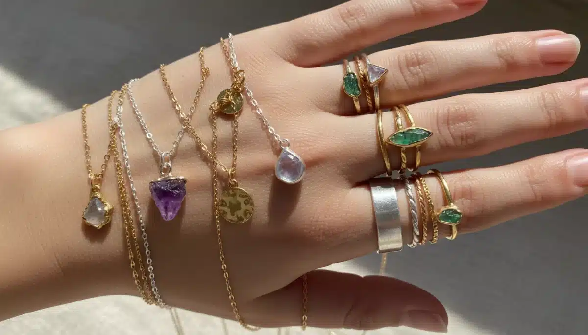 Layered necklaces and stackable rings, showcasing mixed metals and unique gemstones