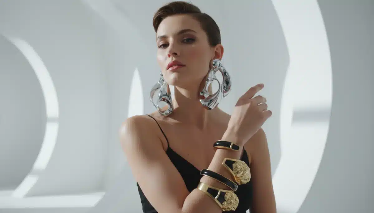 Model wearing oversized sculptural earrings and statement cuff, artistic jewelry