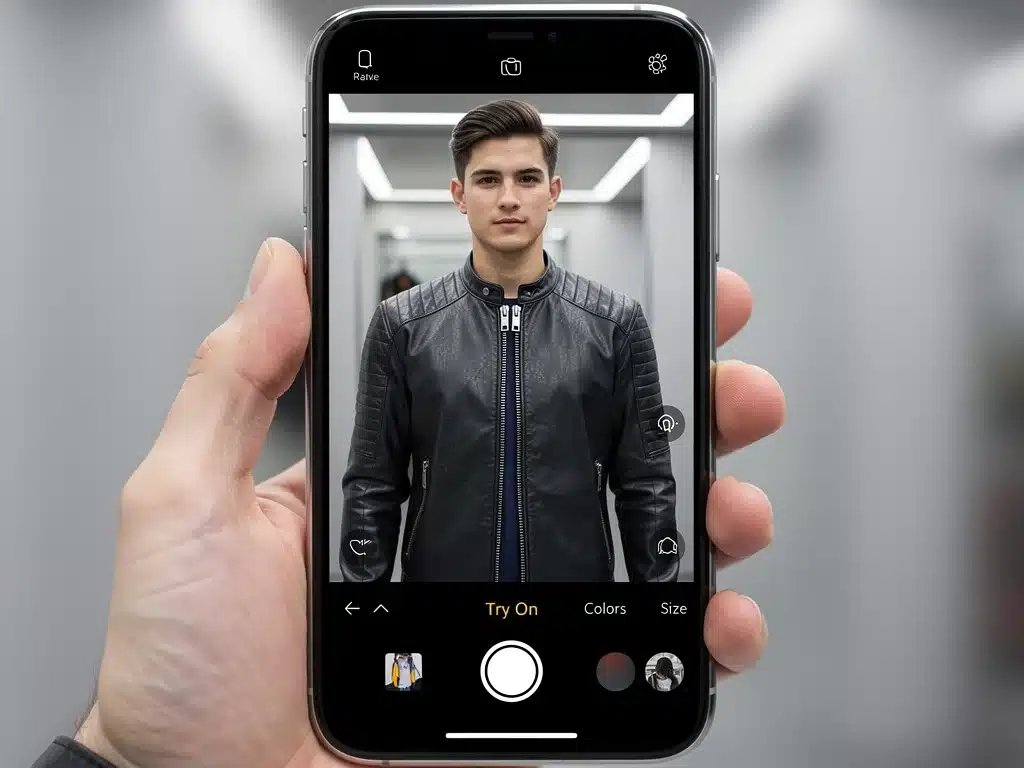 Realistic virtual jacket overlay on a smartphone screen from a try-on app