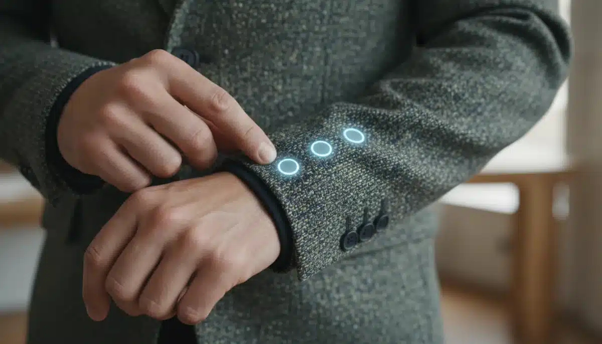 Male hand adjusting smart jacket with integrated tech, sustainable fabric