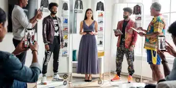 People interacting with virtual try-on apps on mobile devices, displaying augmented reality fashion