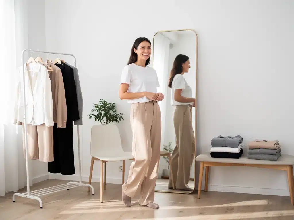 Woman styling versatile outfits from a capsule wardrobe, demonstrating minimalist fashion.