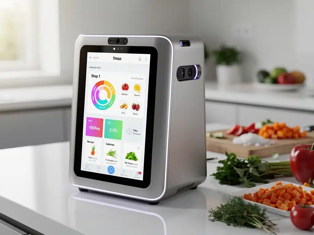 AI-powered smart kitchen assistant preparing a meal, showcasing efficiency