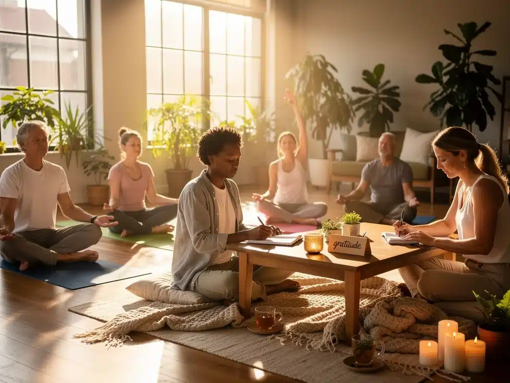 Diverse group engaged in mindful activities, reflecting collective well-being.