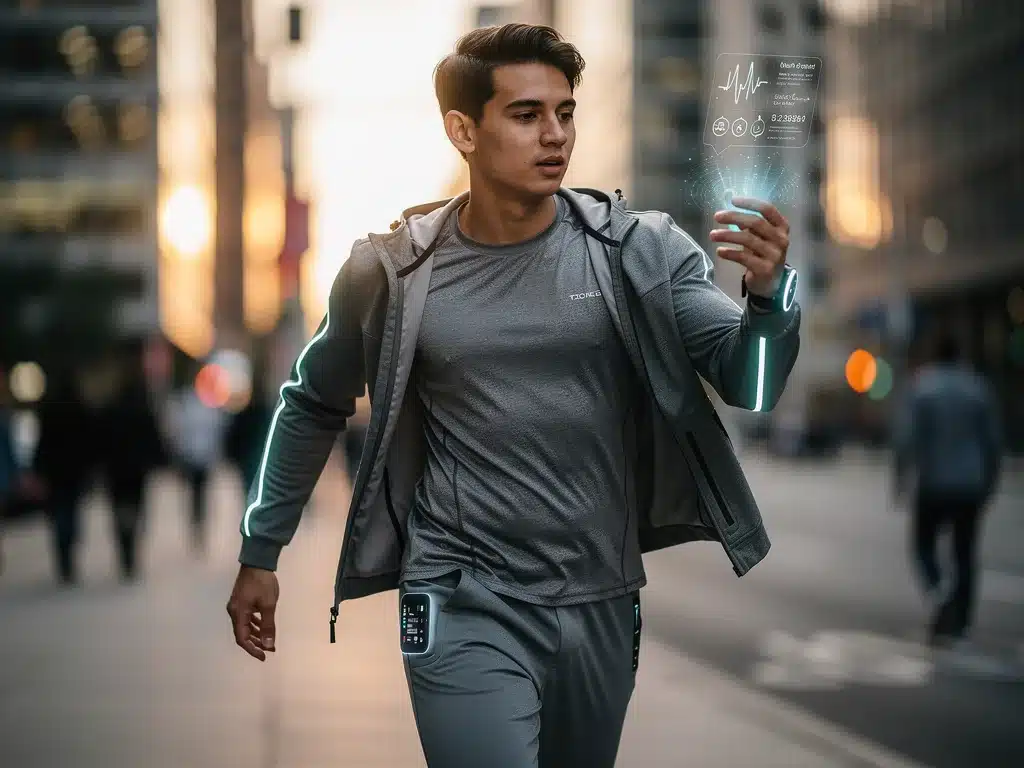 Person wearing smart fabric clothing during everyday activity.
