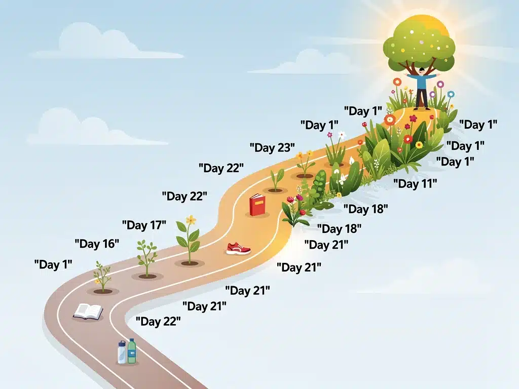 Illustration of a 21-day journey to form new habits, showing consistent progress.