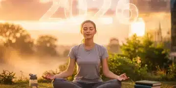 Person practicing a positive habit with a 2026 calendar, symbolizing future success and routine.