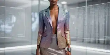 Futuristic smart fabric clothing on a model, showcasing innovative textile technology.