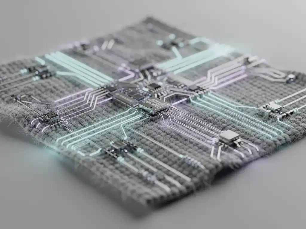Close-up of smart fabric with embedded sensors and glowing fibers.