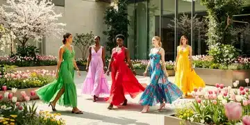 Models displaying Spring 2026 fashion trends with vibrant colors and flowing fabrics
