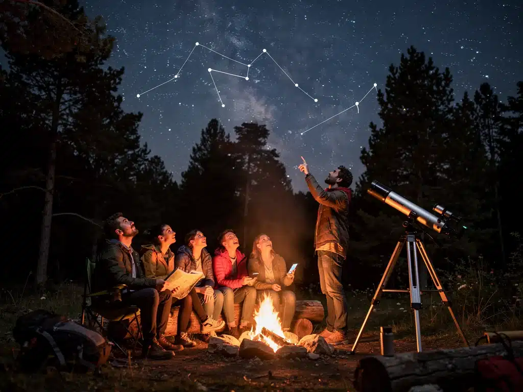 Friends stargazing around campfire