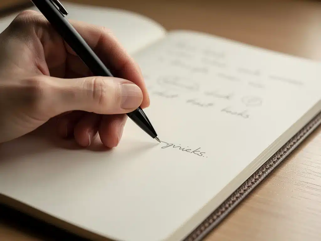 Hand with pen over journal, ready to start daily gratitude practice.