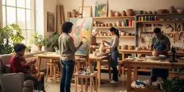 People enjoying diverse creative hobbies in a bright studio