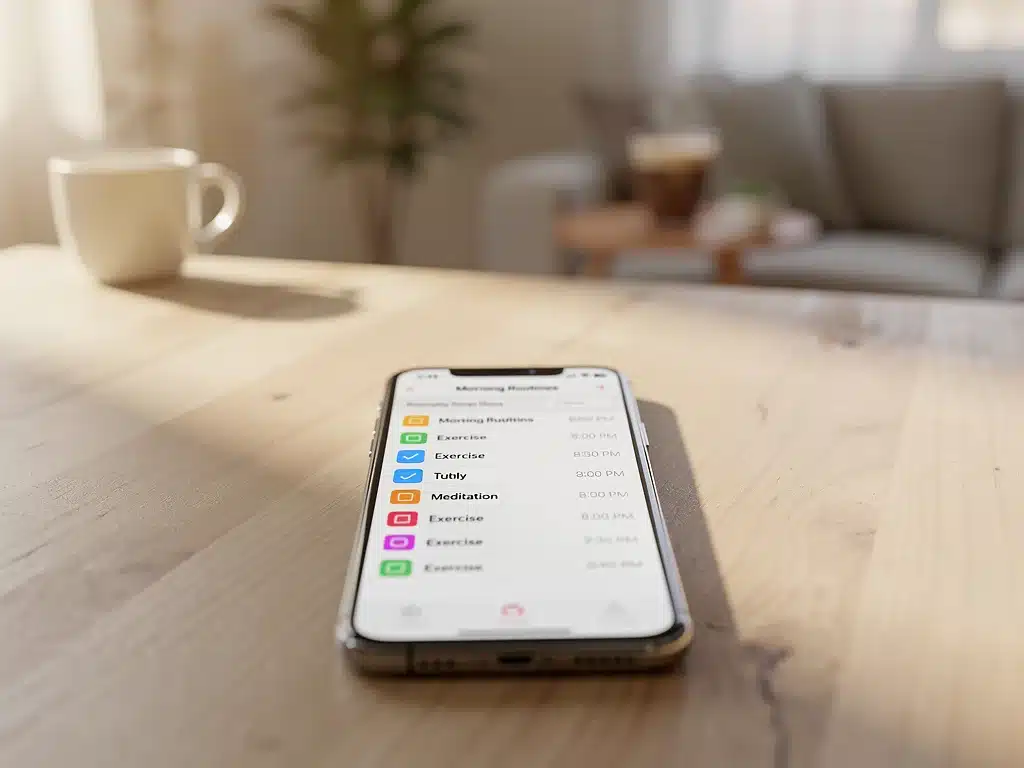 Digital planner on smartphone for morning routine organization.