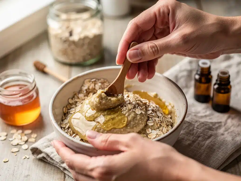 Hands preparing a homemade face mask with natural ingredients, emphasizing DIY self-care.