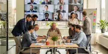Professionals collaborating in a modern hybrid work environment, demonstrating balance and productivity.