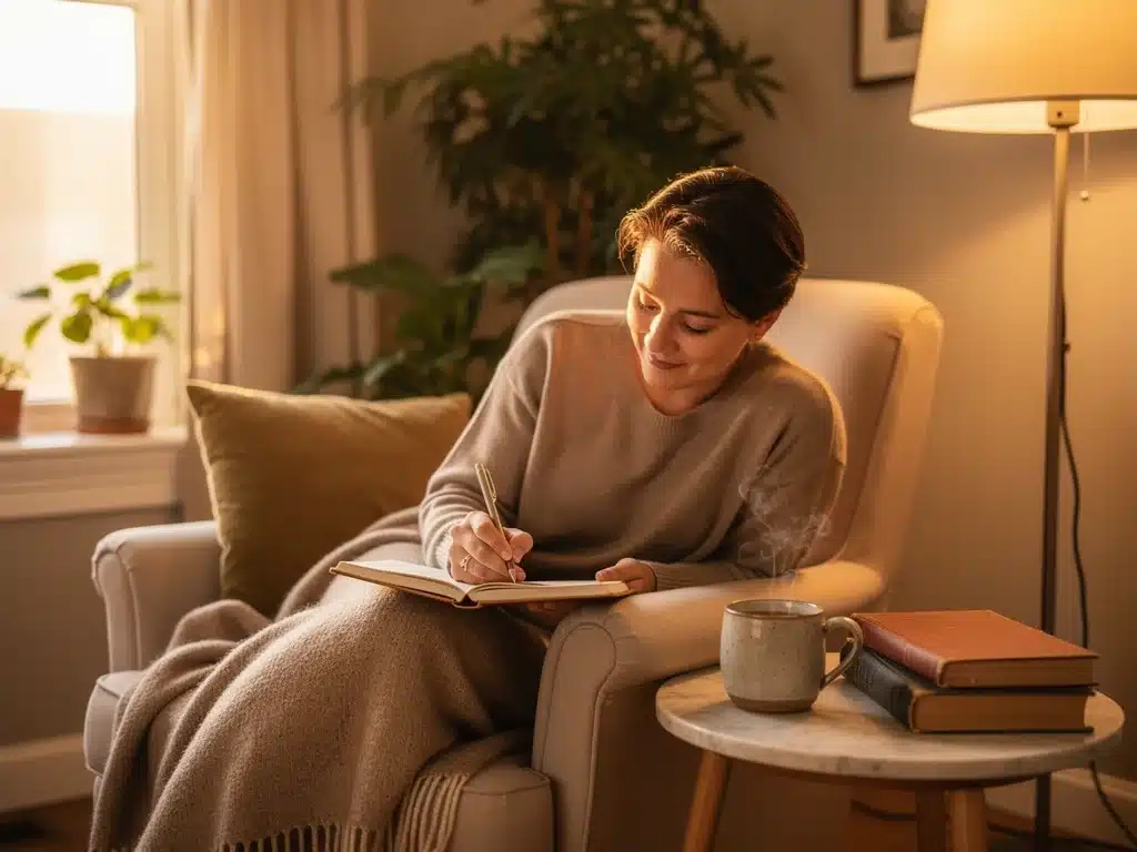 Person journaling and drinking tea in a cozy home setting, representing mental self-care.