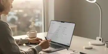 Person focused on laptop with coffee during a productive morning routine.