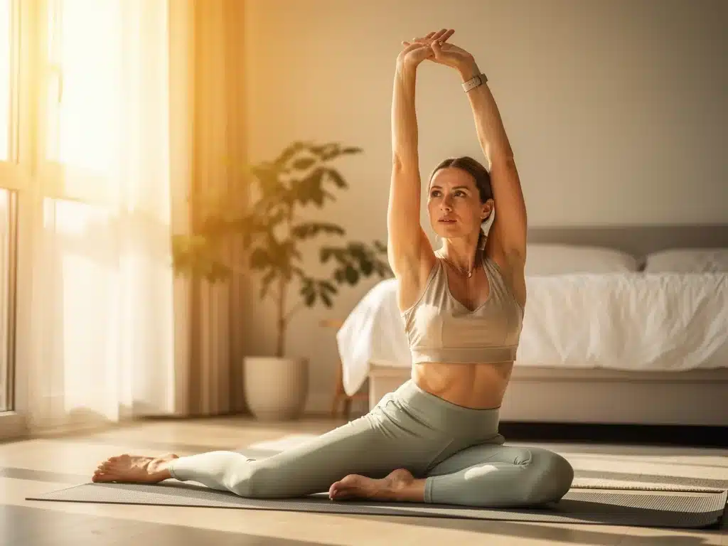 Person stretching during a peaceful morning exercise routine.
