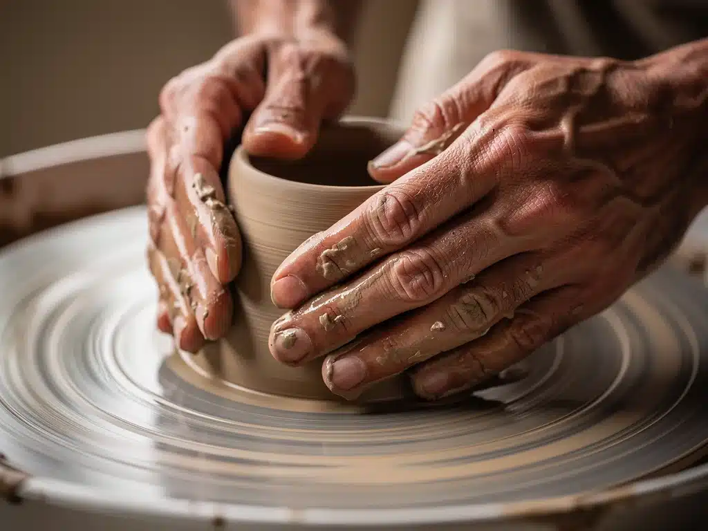 Hands shaping clay on a pottery wheel