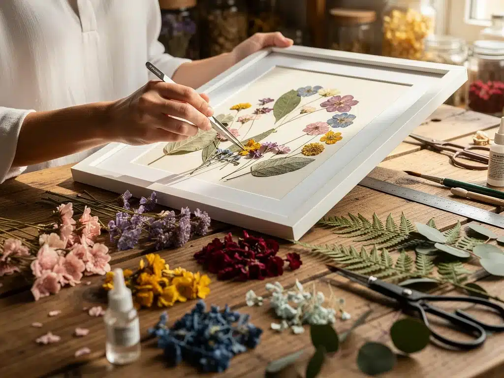 Person creating pressed flower art with botanicals
