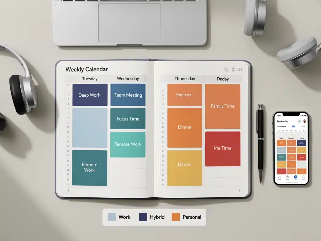 Calendar balancing remote work, office days and personal time in a hybrid schedule