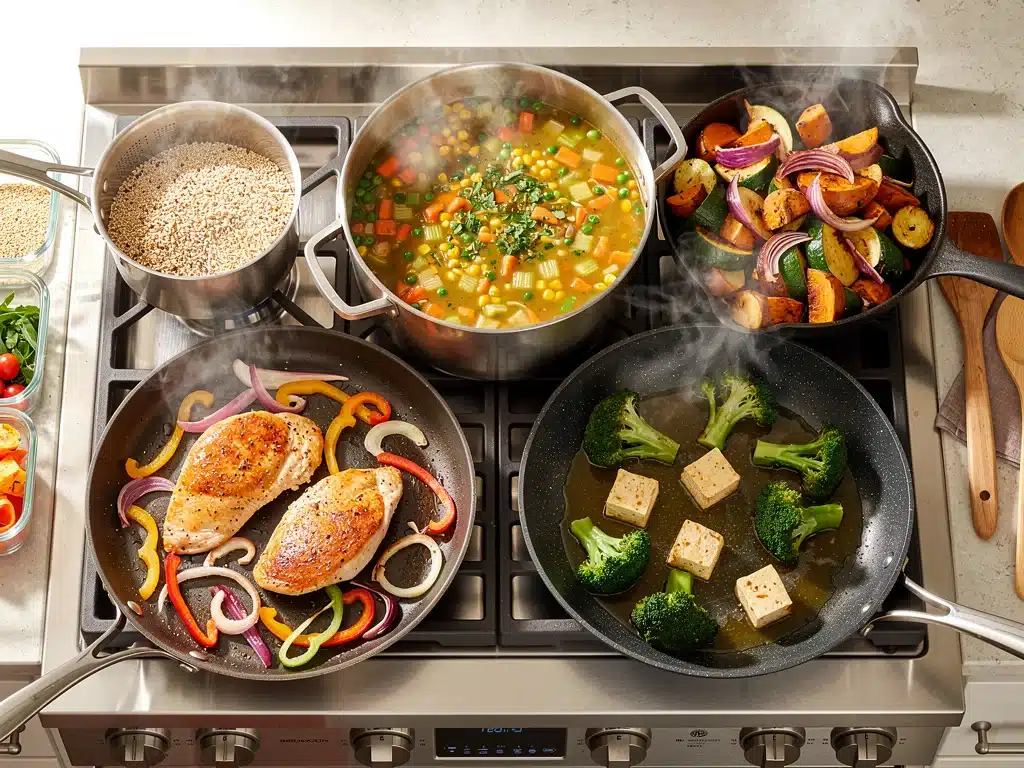 Efficient batch cooking and pantry preparation for weekly meals.