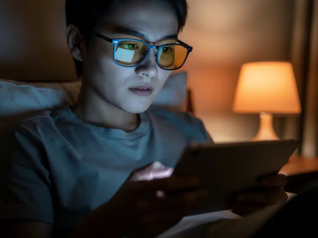 Person using blue light blocking glasses before bed