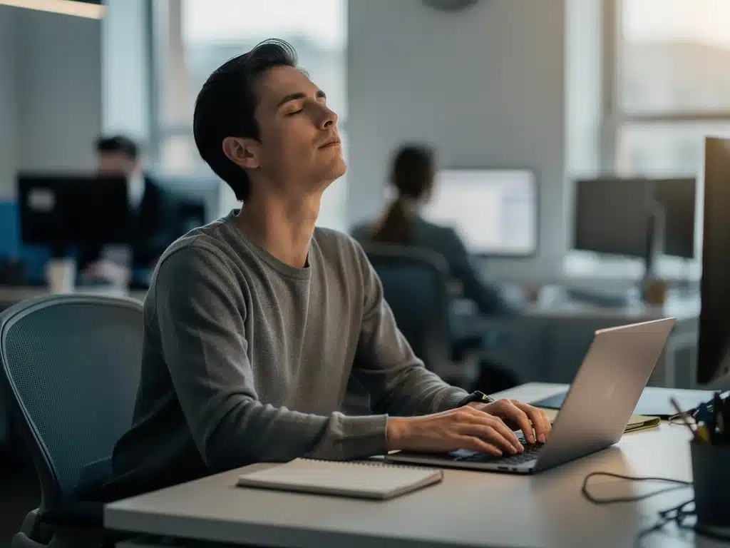 Person taking a brief mindful breathing break while working in an office.