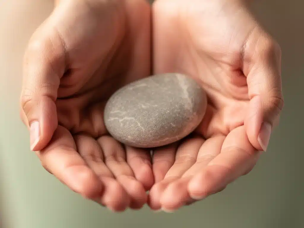 Hands holding a smooth stone while practicing present-moment sensory awareness.