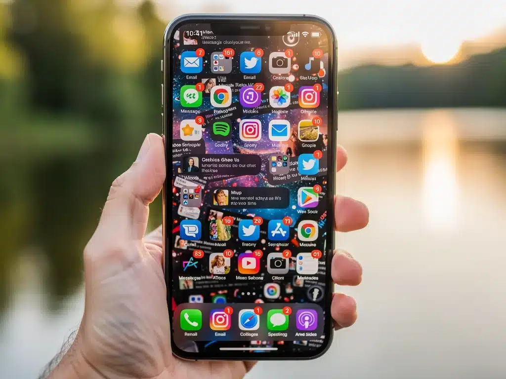 Smartphone with overwhelming notifications contrasted with nature