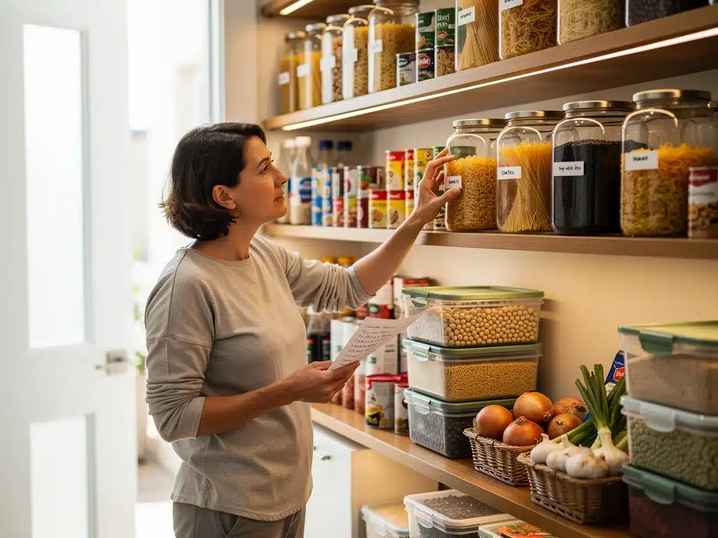 Person selecting ingredients and comparing options for budget-friendly meal preparation.