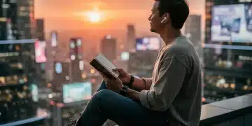 Person enjoying sunset, reading a book during digital detox